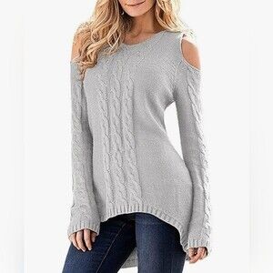 Merryfun Women's Cold Shoulder Sweater Long Sleeve Knit Pullover Tops Size Small